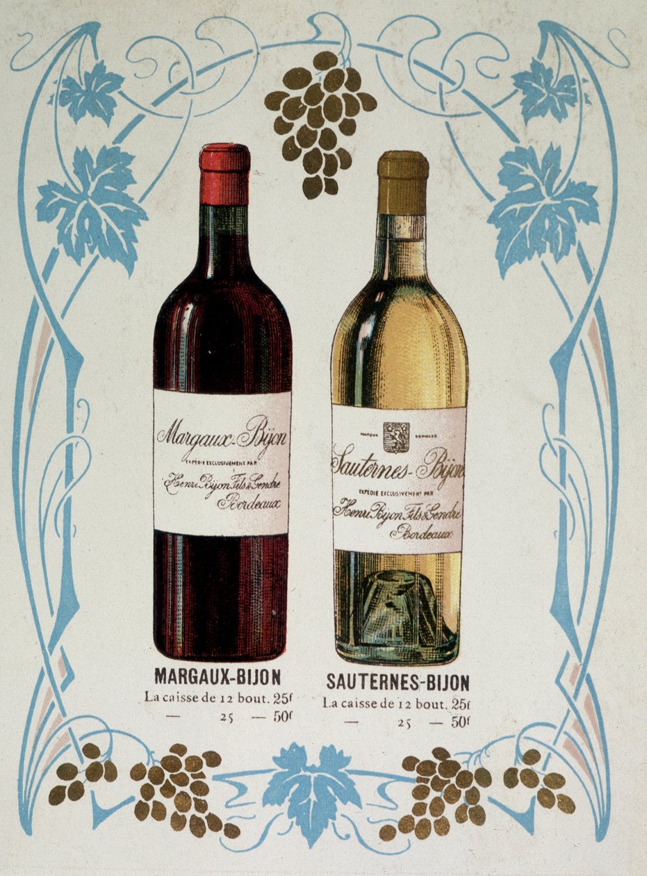 Reklam för försäljning av vin Margaux-Bijon (Margaux Bijon) och Sauternes-Bijon (Sauternes Bijon), 25 frs av de 12 flaskorna, 50 frs den 25 av French School