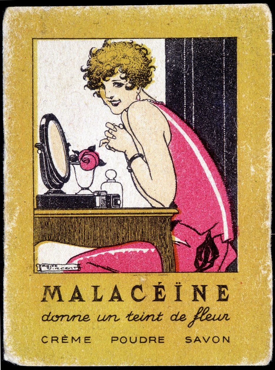 Reklamvykort för Malacéíne skönhetsprodukter. omkring 1920. av French School