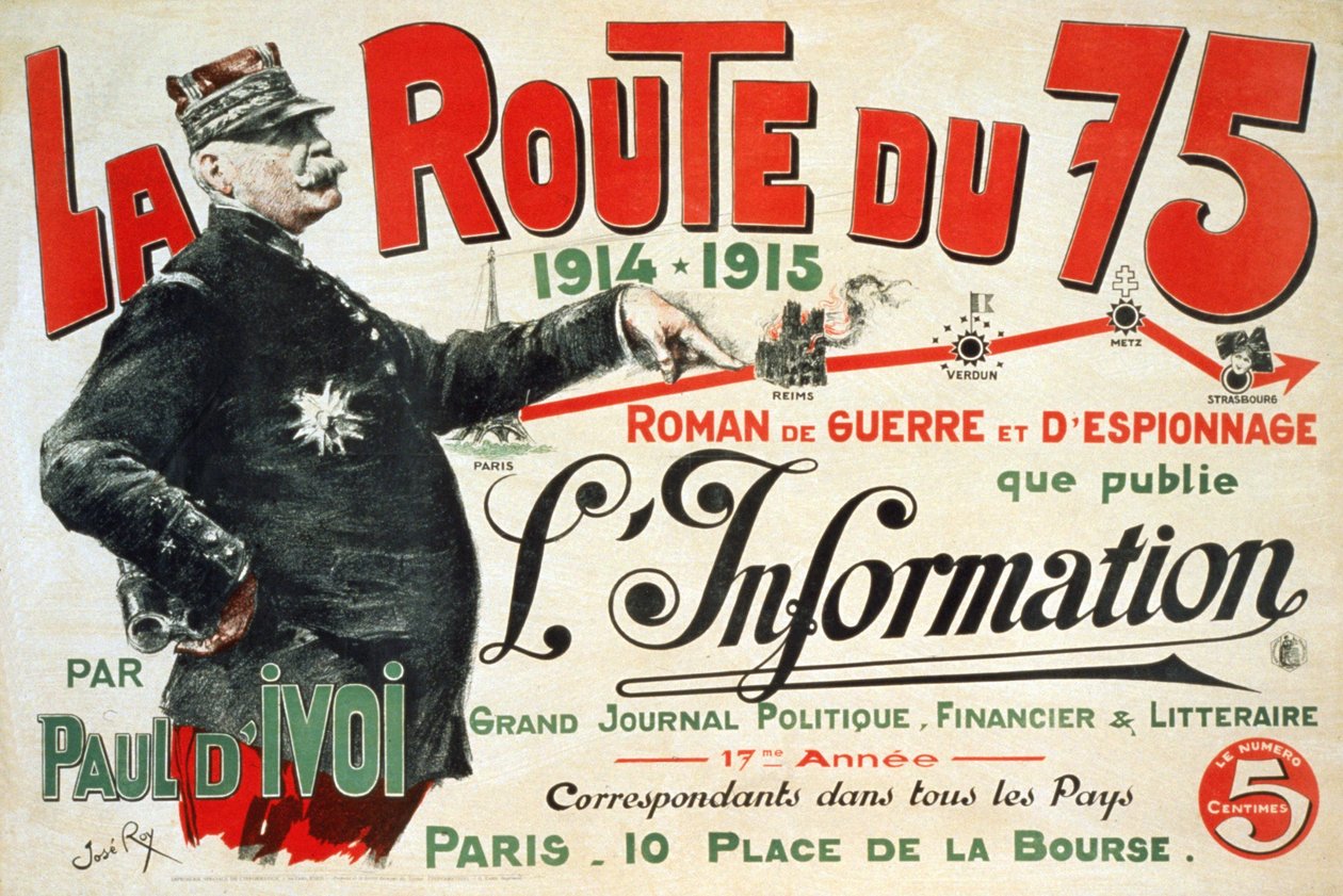 Reklamaffisch för romanen "La Route du 75:1914 - 1915: Roman de guerre et d