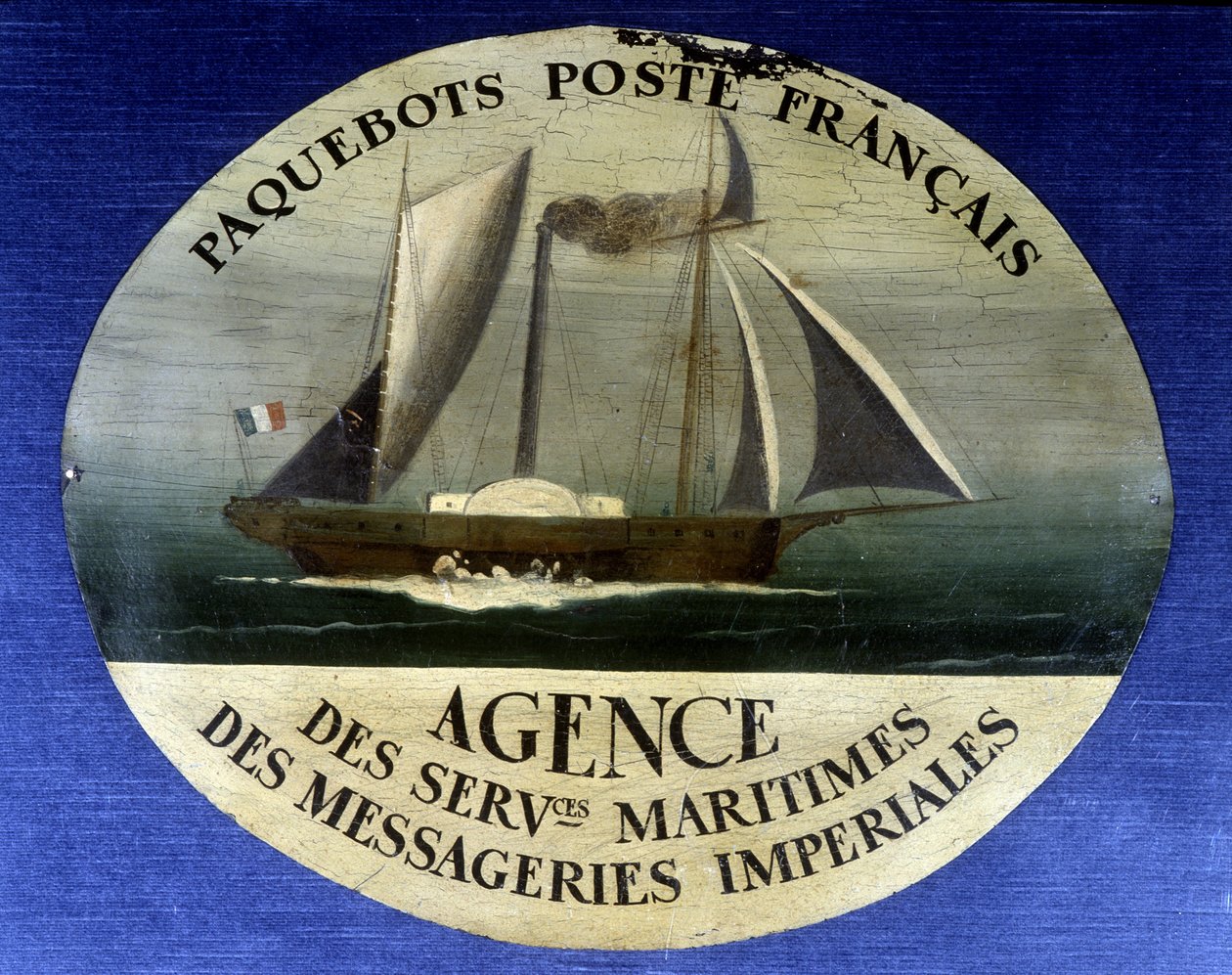 Reklamskylt för fransk postlinje, agentur för sjöfartstjänster för imperiale kurirer - målning på trä, sent 1800-tal av French School
