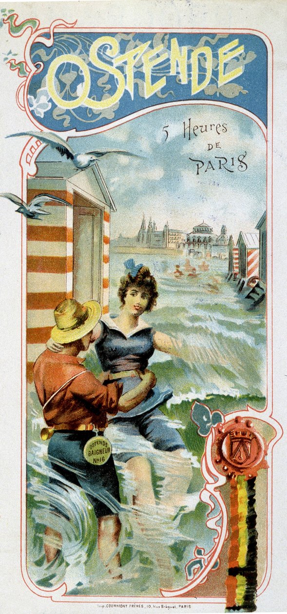 Reklam för att ta sig till Oostende (Belgien) från Paris: Oostende: 5 timmar från Paris, ca 1900 (kromolitografi) av French School