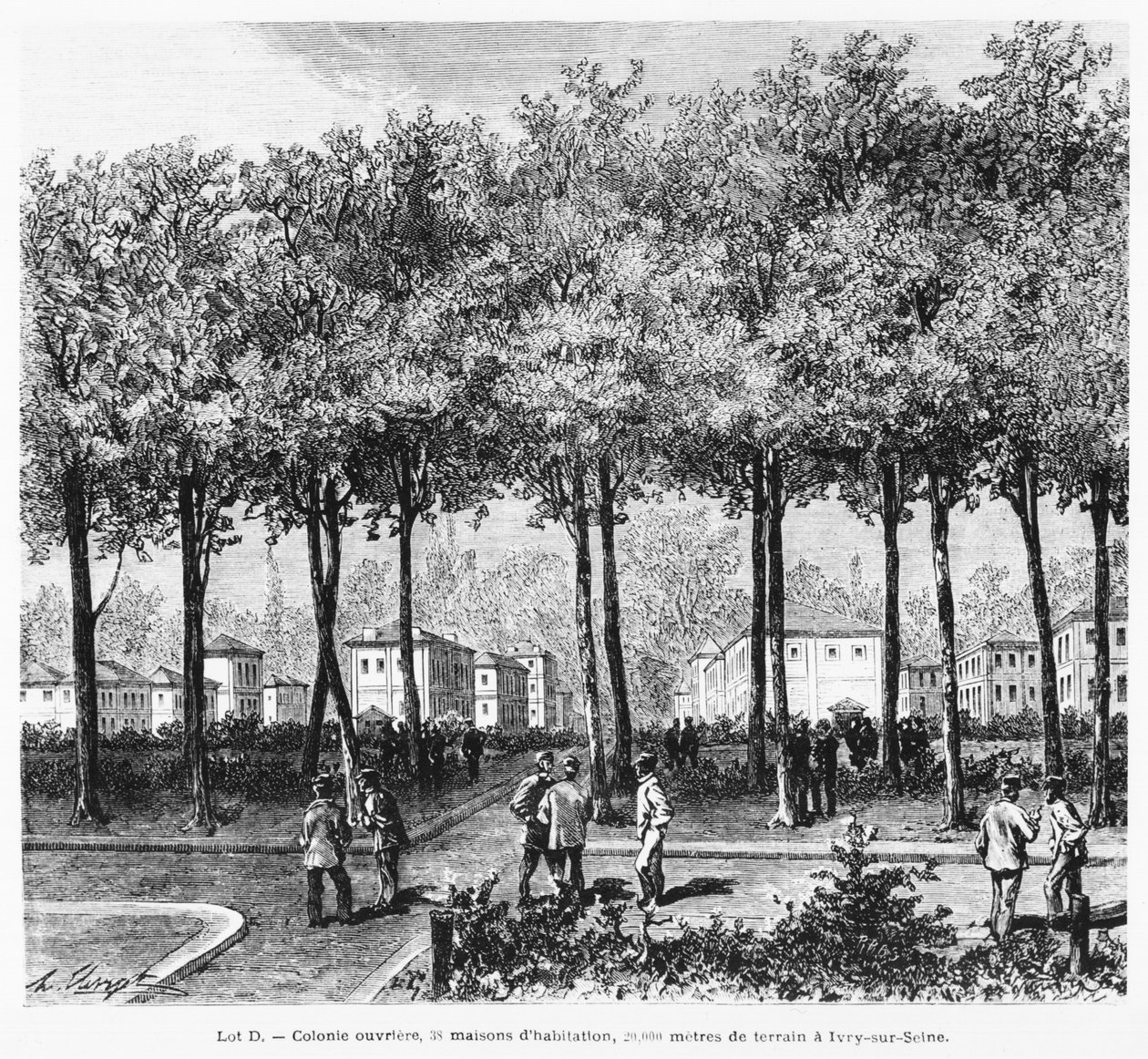 Annons föreställande en arbetarkoloni, illustration från Le Monde Illustre, 1876 av French School