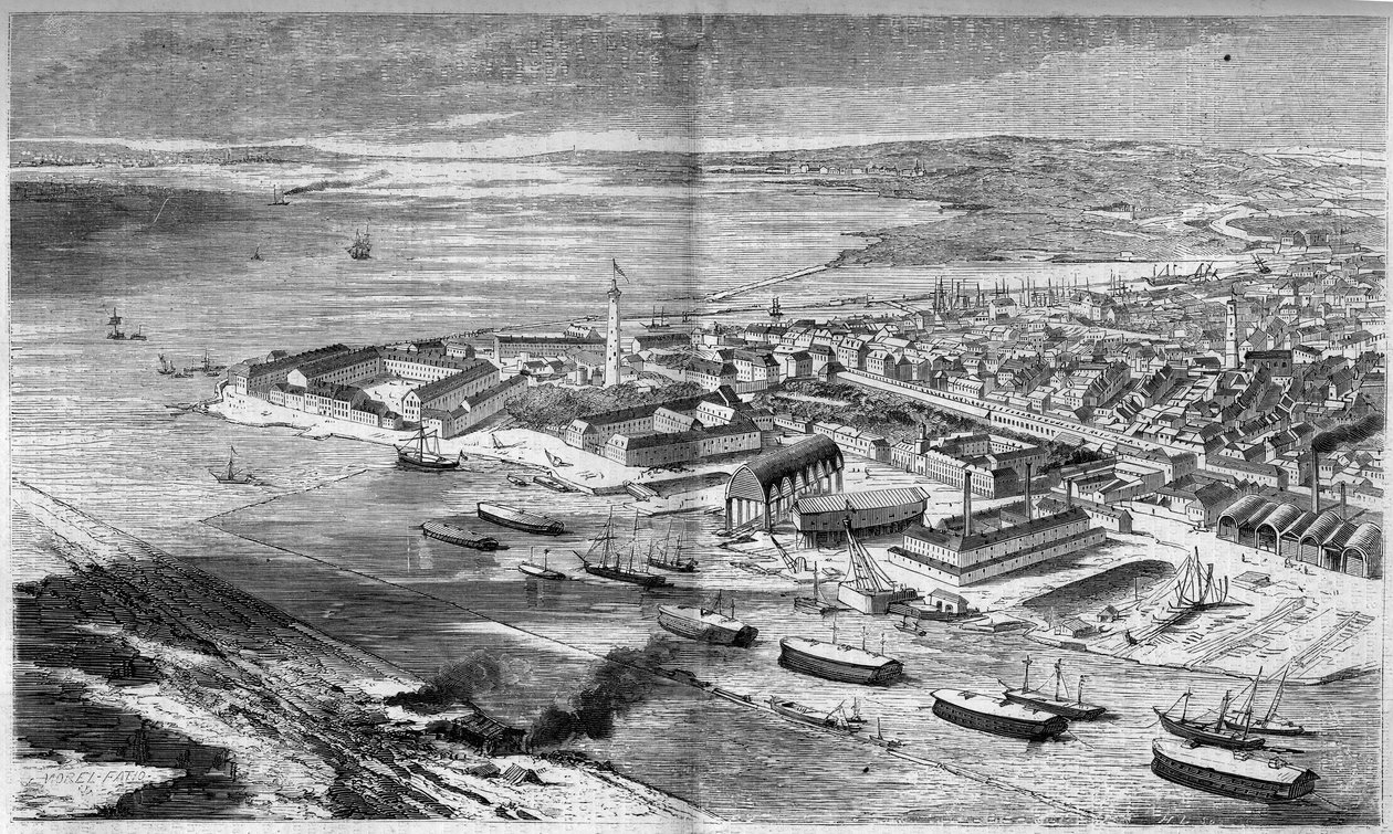 Flygvy över staden och hamnen i Lorient, Morbihan (56) av French School
