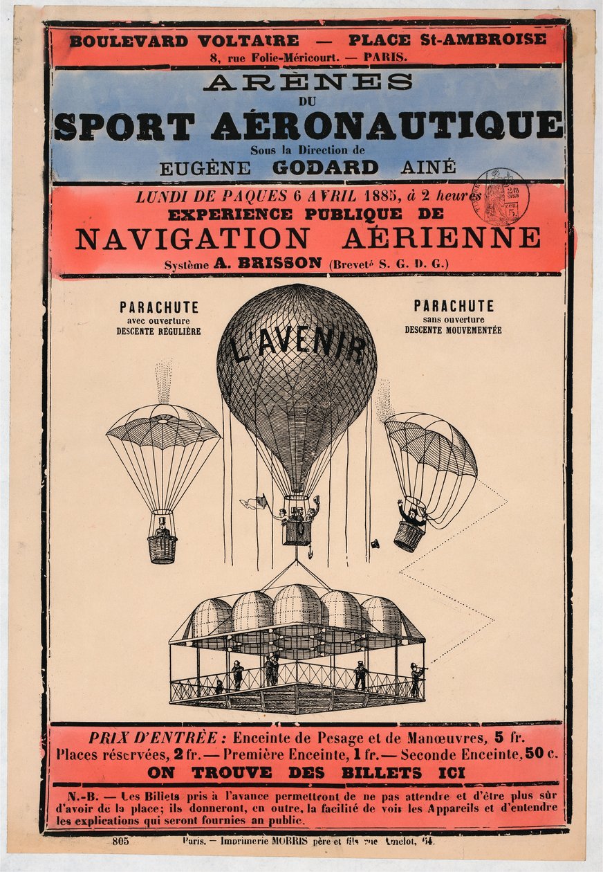 Aeronautics Exhibition kommer att hållas i Paris 1885 under ledning av Eugene Godard, pb. 1885 (färglitografi) av French School