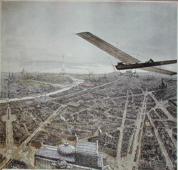 Flygplan som flyger över Paris, illustration för en kalender från 1911 (färg litho) av French School