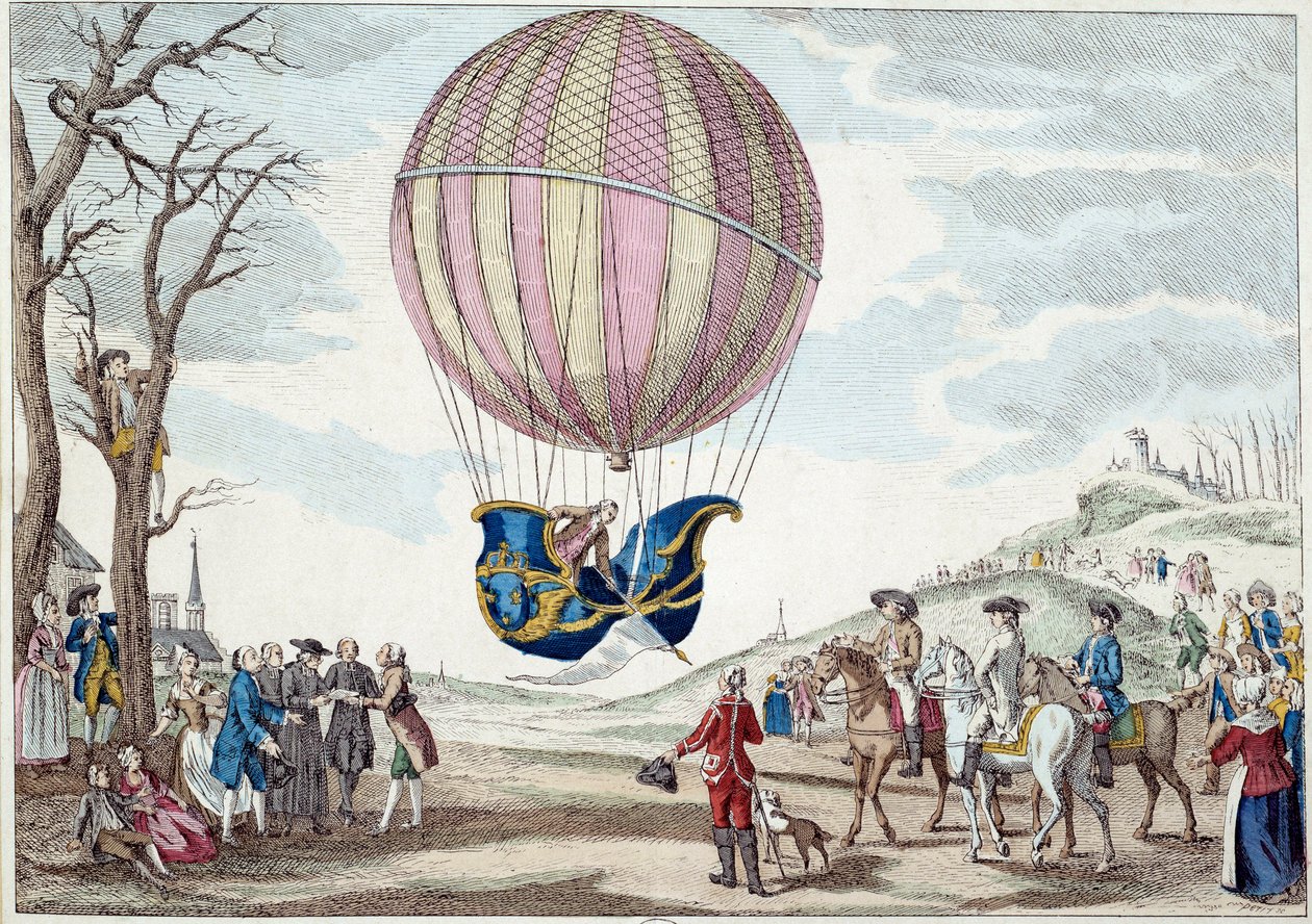 Aerostat: det andra försöket att flyga på en ballong. Uppstigning i Charles och Roberts vätgasballong på Prairie de Nesle, nära Paris den 01/12/1783. Anonymt tryck från 1700-talet. Paris, dekorativ konst av French School
