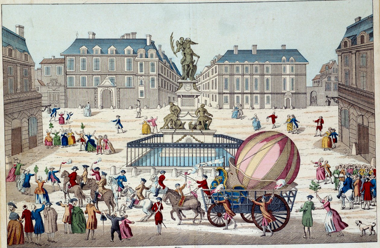 Aerostat: det andra försöket att flyga på en ballong. Hela Charles och Roberts aerostatiska jordklot i Paris, efter en resa på en vätgasballong, 1783-02-12. Anonymt 1700-talstryck. Paris, dekorativ konst av French School