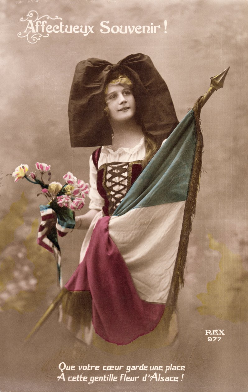 Tillgivna minne! Låt ditt hjärta behålla en plats för denna söta blomma i Alsace!, vykort, 1914-18 av French School
