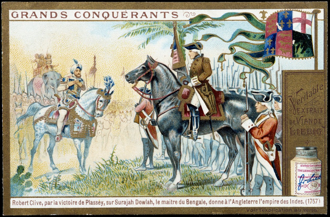 Efter Plasseys seger över Surajah Dowlah (Suraj Ud-daula eller Ud Daula Ud Daulah eller Ud-Daulah) gav Bengalens mästare England Indiens imperium 1757. 1800-talets liebig kromolitografi. av French School