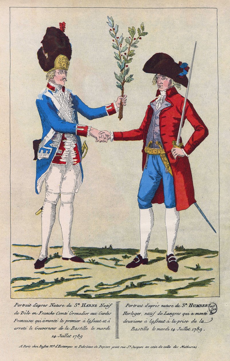Porträtt efter naturen av Sieur Harne, grenadjär, och Sieur Humbert, urmakare. De var de första männen som attackerades under erövringen av Bastiljen den 14 juli 1789. Gravyr från 1790. av French School