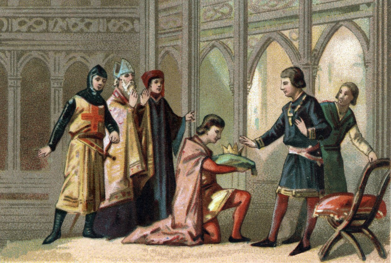Efter Ludvig X:s död återvände kronan till hans yngre bror, Philippe V dit Le Long (1294-1322). Scenen besöks av de tre feodala beställningarna. Kromolitografi omkring 1890. av French School