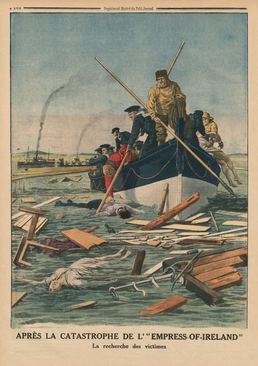 Efter katastrofen med kejsarinnan av Irland, på jakt efter offren, illustration på baksidan från "Le Petit Journal", bilaga illustre, 14 juni 1914 av French School