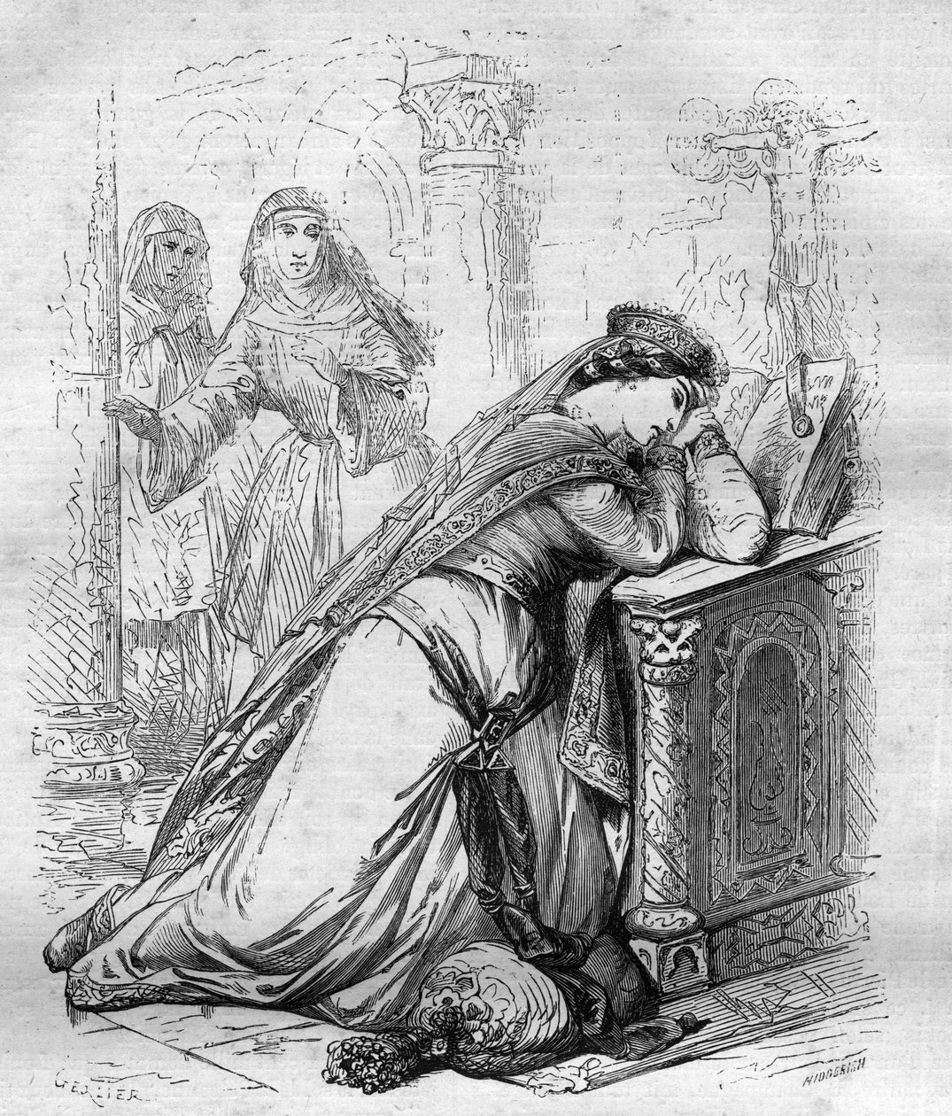 Agnes de Meranie eller Meran (1172-1201), drottning av Frankrike, skickades till klostret av kung Filip Augustus. Gravyr i "" Påvarnas historia (...) Drottningkungens och kejsarnas brott genom århundradena" av Maurice Lachatre av French School