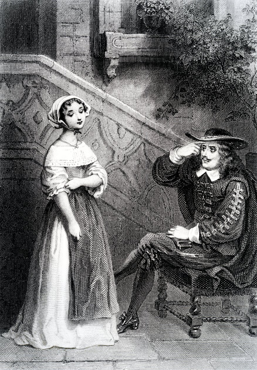 Agnes med sin vårdnadshavare Arnolphe, från The School for Wives, av Moliere av French School