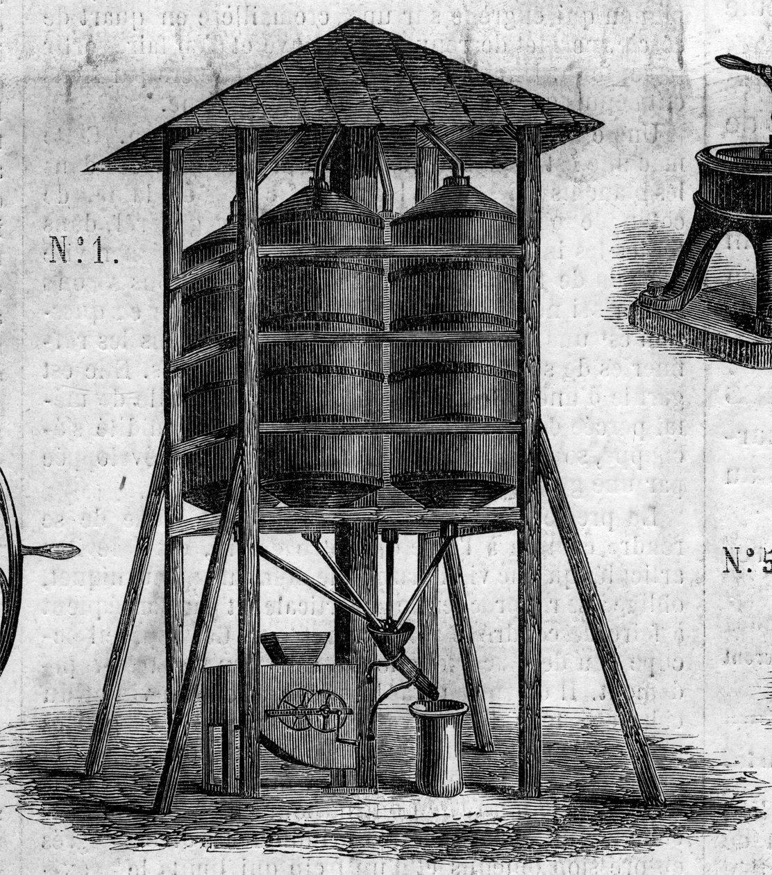 Jordbruksmaskin: en konservativ vind för vete som presenterades på 1860 års jordbruksutställning i Paris. Gravyr i "" Le Monde Illustré"" nr 168 av 30 juni av French School