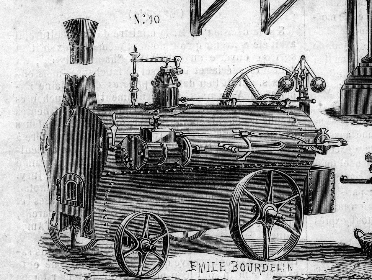 Jordbruksmaskin: en lokomobil som presenterades vid lantbrukstävlingen i Paris 1860. Gravyr i "" Le Monde Illustré"" nr 169 den 7 juli 1860. av French School