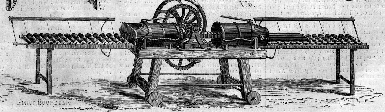 Jordbruksmaskin: en maskin för att tillverka dräneringsrör som presenterades på 1860 års jordbruksutställning i Paris. Gravyr i "" Le Monde Illustré"" nr 168 av 30 juni av French School