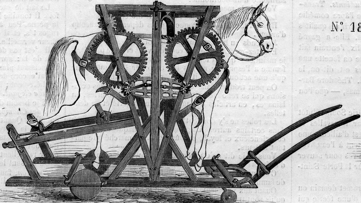 Jordbruksmaskin: en upphängningsanordning (eller bärbart arbete) som används för att immobilisera hästar eller boskap innan de behandlas. Maskin presenterad vid lantbrukstävlingen i Paris 1860. Gravyr i "" Le Monde Illustré"" nr 172 den 28 juli 1860. av French School