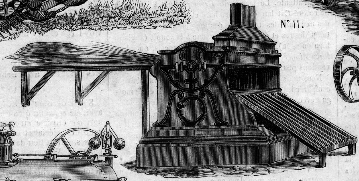 Jordbruksmaskin: en tröska presenterad vid lantbrukstävlingen i Paris 1860. Gravyr i "" Le Monde Illustré"" nr 169 den 7 juli 1860. av French School