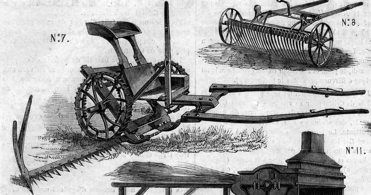 Jordbruksmaskin: en amerikansk skördarklippare som presenterades vid lantbrukstävlingen i Paris 1860. Gravyr i "" Le Monde Illustré"" nr 169 den 7 juli 1860. av French School