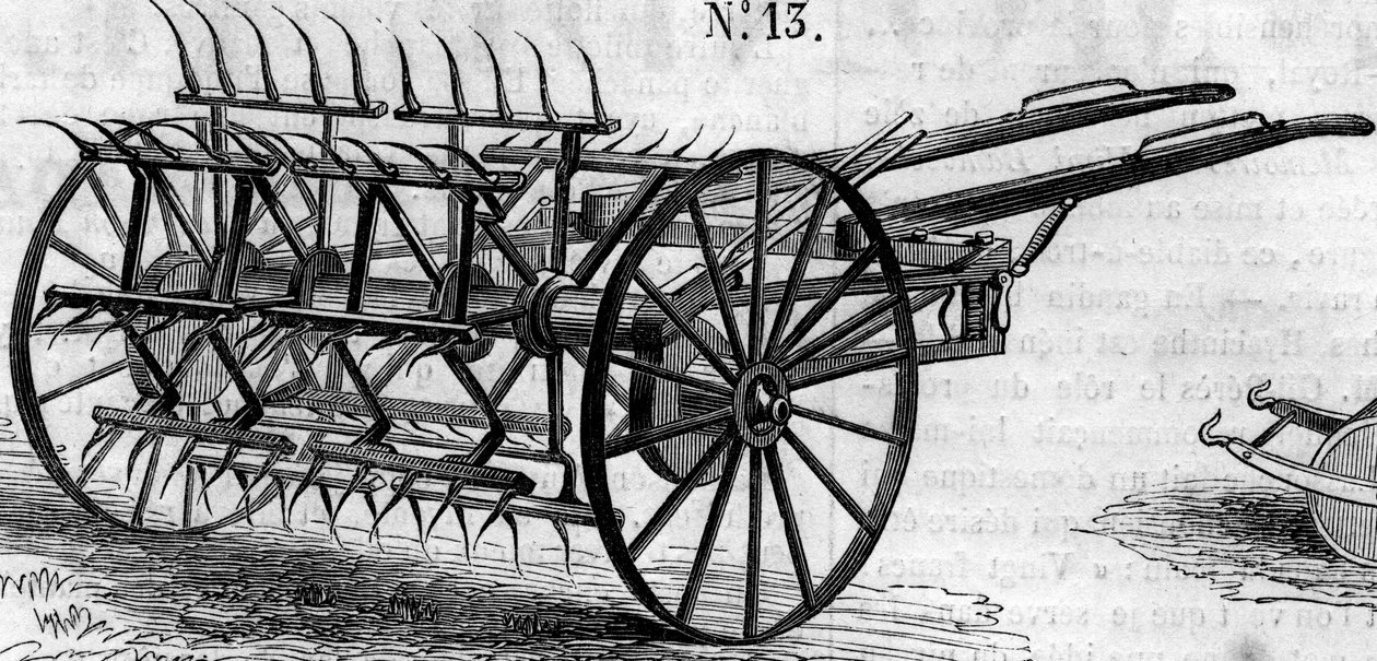 Jordbruksmaskin: en engelsk dubbelverkande luftvändare som presenterades vid lantbrukstävlingen i Paris 1860. Gravyr i "" Le Monde Illustré"" nr 172 den 28 juli 1860. av French School