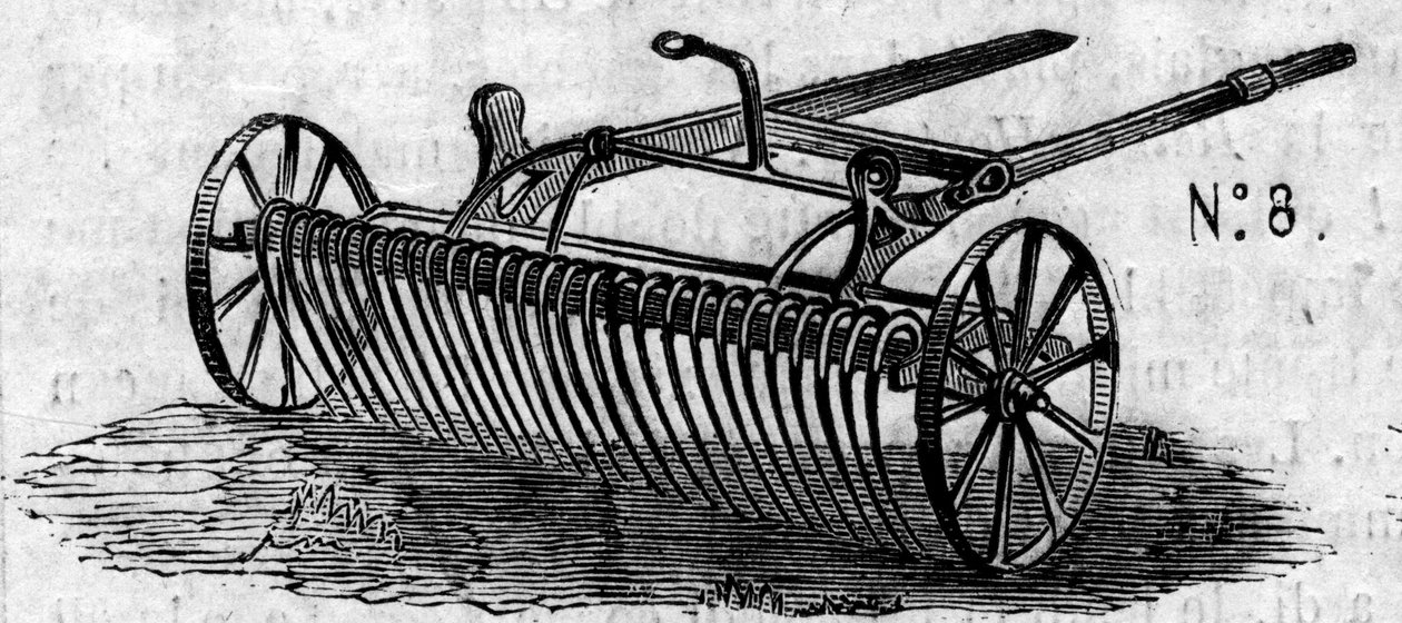 Jordbruksmaskin: en engelsk hästkratta presenterad vid lantbrukstävlingen i Paris 1860. Gravyr i "" Le Monde Illustré"" nr 169 av 7 juli 1860. av French School