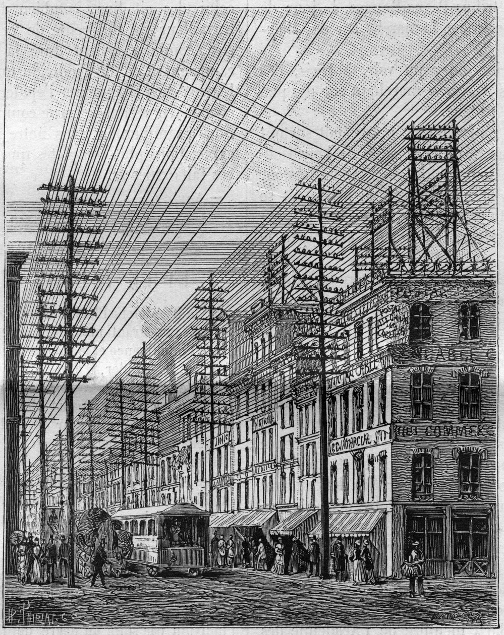 Air elektriska ledningar, i Philadelphia (USA), hörnet av Chestnut Street och tredje gatan. Gravyr i "" La Nature. Revue des sciences et de ses applications aux arts et a l
