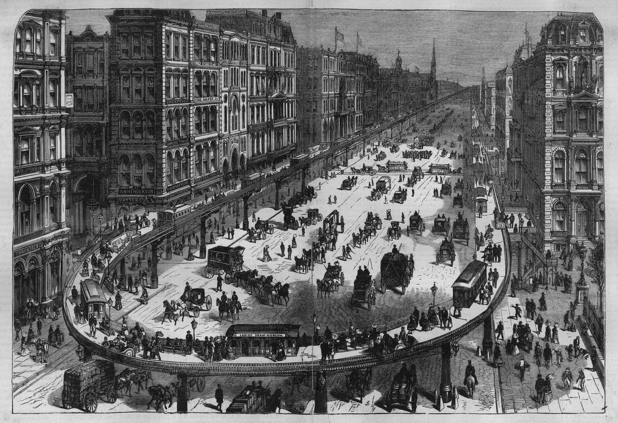 Flygbolags järnvägar i en stad i USA. Gravyr från 1880 i "La republique illustree"" privat samling. av French School