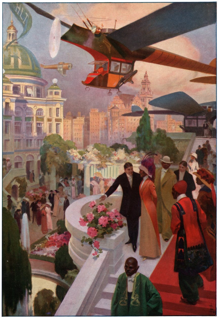 Flygplan i framtiden. cirka 1910 (gravyr) av French School