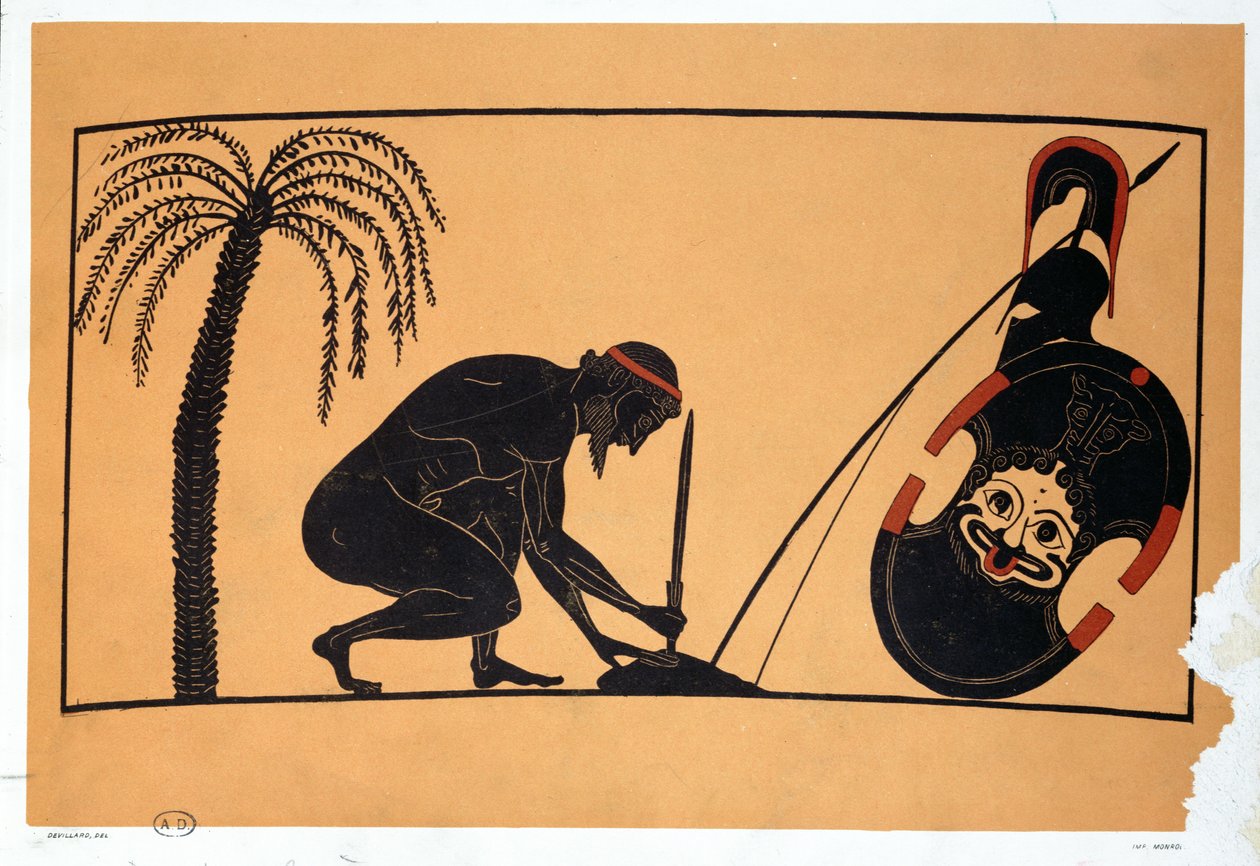 Ajax förbereder sig för att begå självmord, illustration av en antik grekisk vas (färg litho) av French School