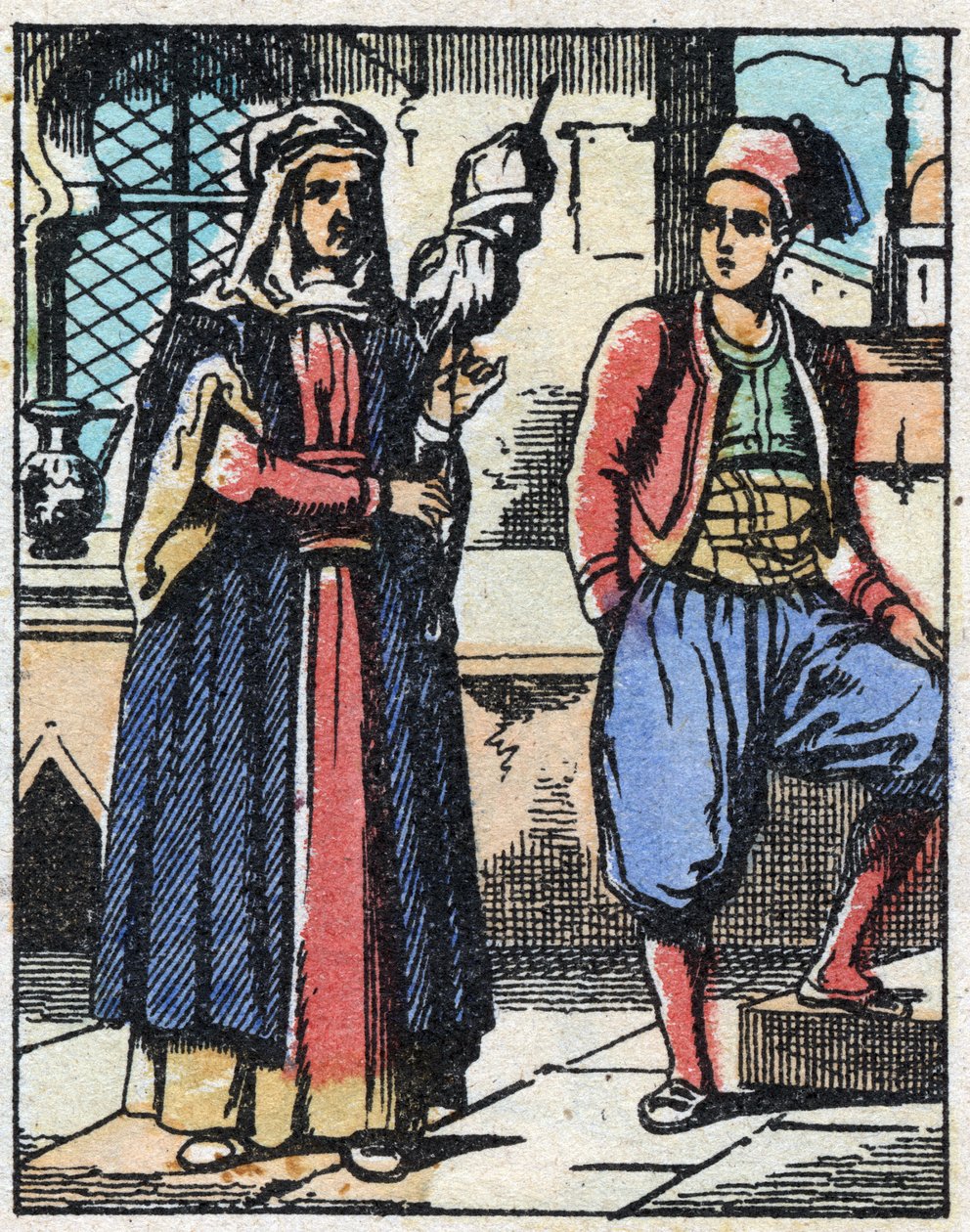 Aladin och hans mamma lever från sitt arbete. Gravyr av berättelsen om Tusen och en natt "" Aladin och den underbara lampan"". Epinal avbildning, sent 1800-tal. Privat samling. av French School