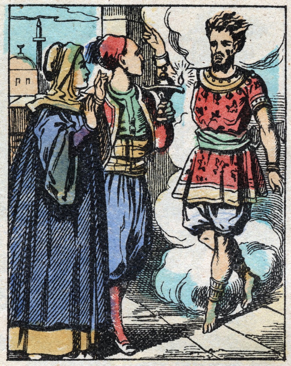 Aladin och hans mamma gnuggade den magiska lampan och fick Anden att dyka upp. Gravyr av berättelsen om Tusen och en natt "" Aladin och den underbara lampan"". Epinal avbildning, sent 1800-tal. Privat samling. av French School
