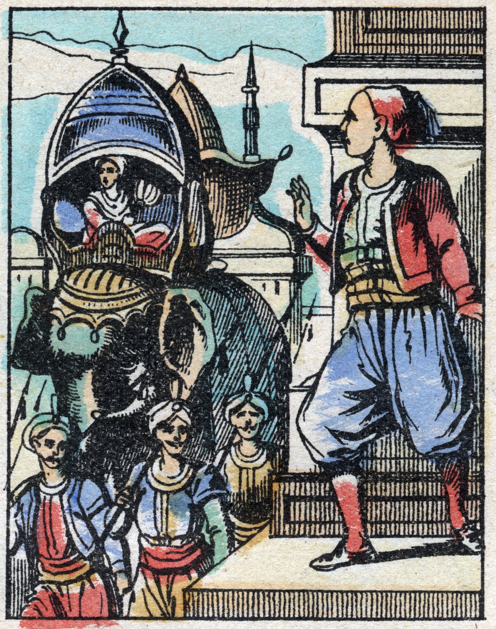 Aladin blir kär i sultanens dotter. Gravyr av berättelsen om Tusen och en natt "" Aladin och den underbara lampan"". Epinal avbildning, sent 1800-tal. Privat samling. av French School
