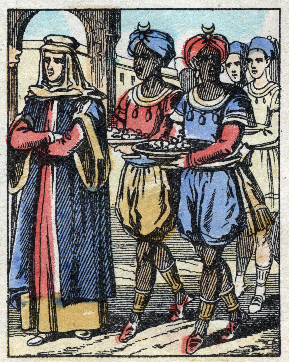 Aladin skickade igen sin mor eskorterad av slavar som bar gåvor för att fria till sultanens dotter. Gravyr av berättelsen om Tusen och en natt "" Aladin och den underbara lampan"". Epinal avbildning, sent 1800-tal. Privat samling. av French School