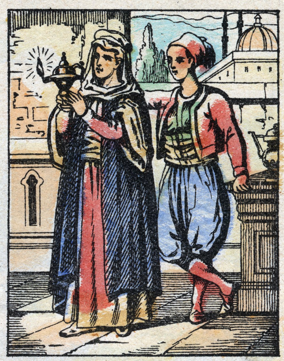Aladin bär den magiska lampan till sin mamma. Gravyr av berättelsen om Tusen och en natt "" Aladin och den underbara lampan"". Epinal avbildning, sent 1800-tal. Privat samling. av French School