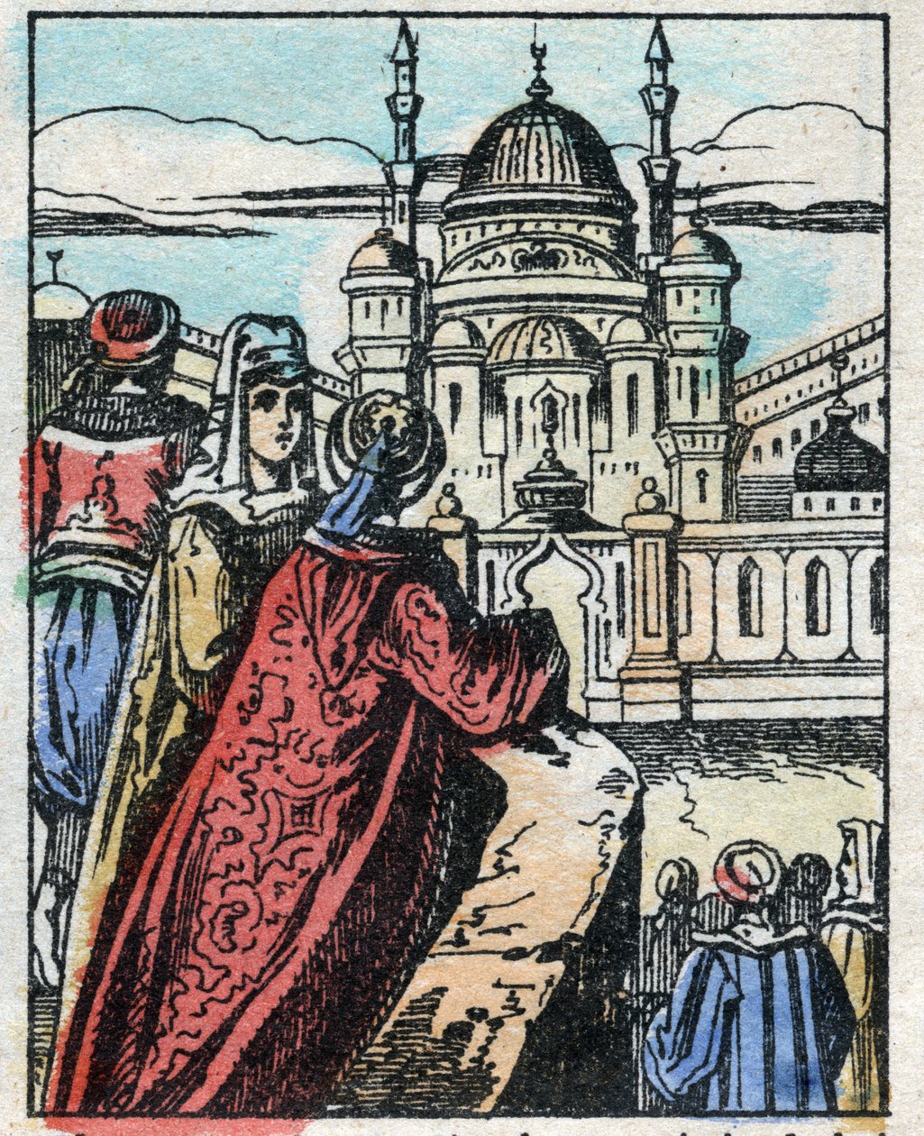 Aladin önskar att Genie ska bygga ett överdådigt palats mitt emot sultanens palats. Gravyr av berättelsen om Tusen och en natt "" Aladin och den underbara lampan"". Epinal avbildning, sent 1800-tal. Privat samling. av French School