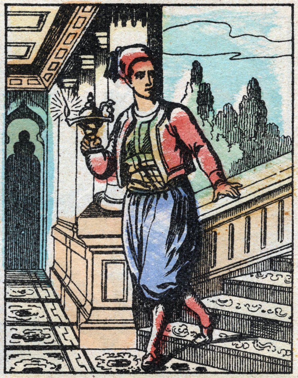 Aladin med den magiska lampan hittar inte längre fram. Gravyr av berättelsen om Tusen och en natt "" Aladin och den underbara lampan"". Epinal avbildning, sent 1800-tal. Privat samling. av French School