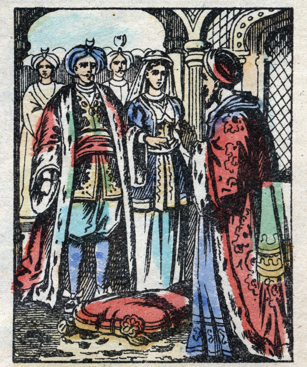 Aladins bröllop med sultanens dotter. Gravyr av berättelsen om Tusen och en natt "" Aladin och den underbara lampan"". Epinal avbildning, sent 1800-tal. Privat samling. av French School