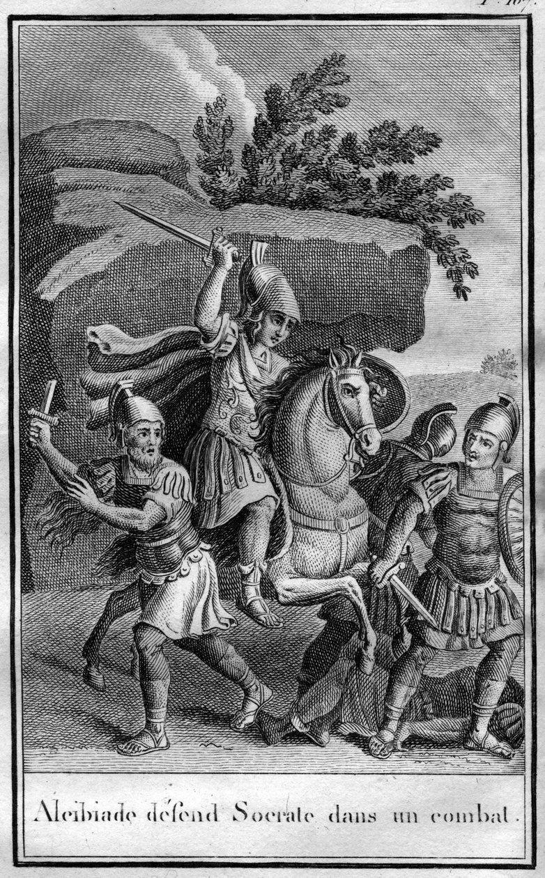 Alkibiades (450-404 f.Kr.), atensk statsman och strategi försvarar Sokrates i en kamp. I "" Forntida historias skönheter eller minnesvärda fakta och talesätt från stora män"" av French School
