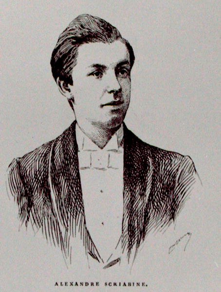 Aleksandr Nikolaievitch Skriabine (1872-1915), illustration från "The History of Music in Russia" av Albert Soubies, publicerad i Paris av French School