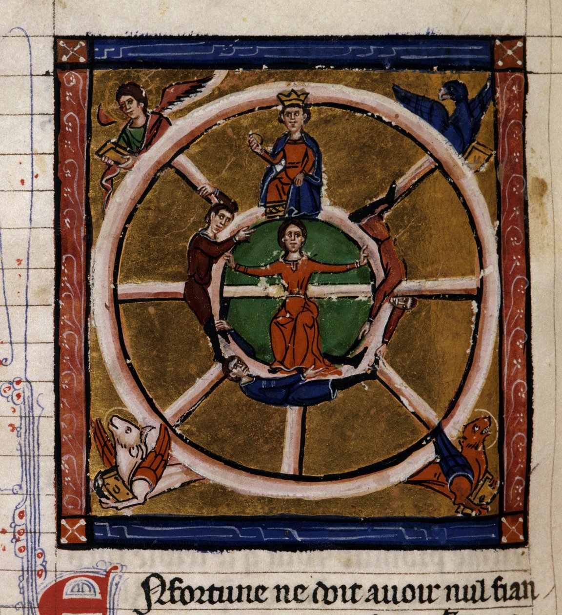 Alexander III den store (356-323 f.Kr.) som sitter på lyckohjulet omger tetramorfen. Miniatyr av manuskriptet "Histoire ancienne à la Cesar", omkring 1260-1270 skriven av en kontorist i tjänst av Roger IV:s hov, Chatelain av Lille (120) av French School