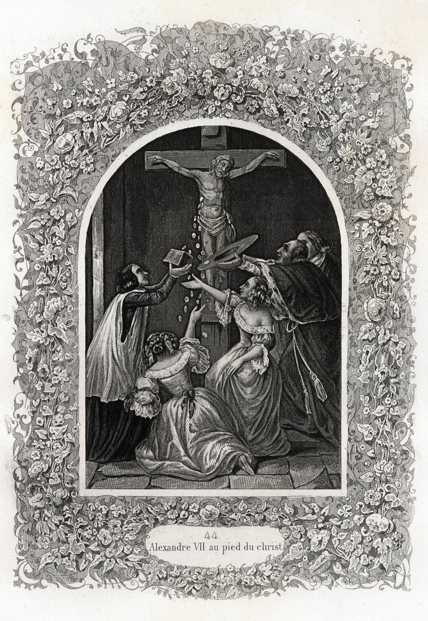 Alexander VII (Alexander eller Alessandro) (påven 1655 till 1667) vid Kristi fot. Gravyr för att illustrera Histoire des popes av Maurice Lachatre (1814-1900), librairie du progres, Paris. av French School