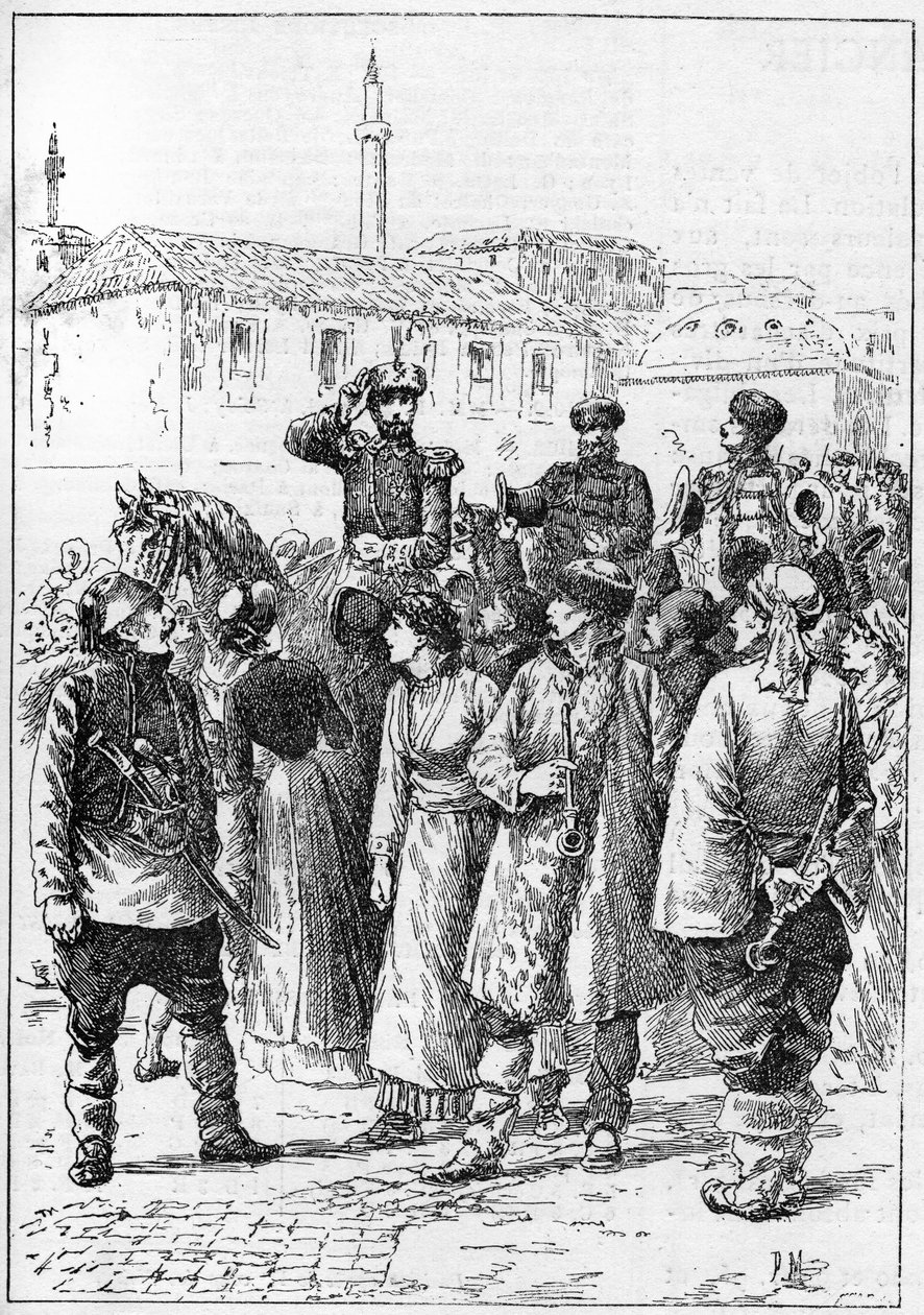 Alexander av Battenberg - Alexander I av Bulgarien eller Alexander av Battenberg (1857-1893) anländer till Philippopoli för att utropa föreningen av Rumänien och Bulgarien, i "" Den illustrerade världen"" av French School