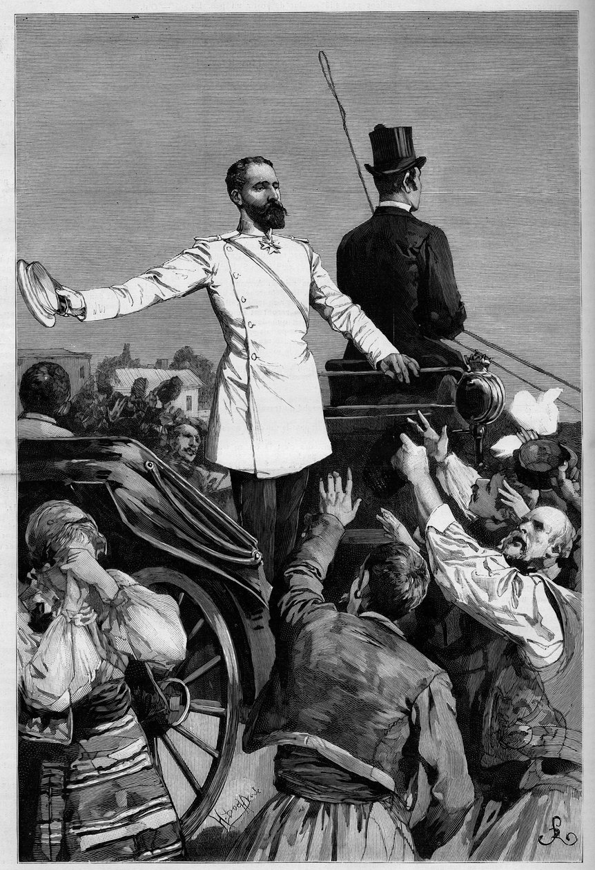 Alexander av Battenberg - Prins Alexander I efter sin abdikation hyllades av folket när han lämnade Sofia. Gravyr i "The Illustrous World" av French School