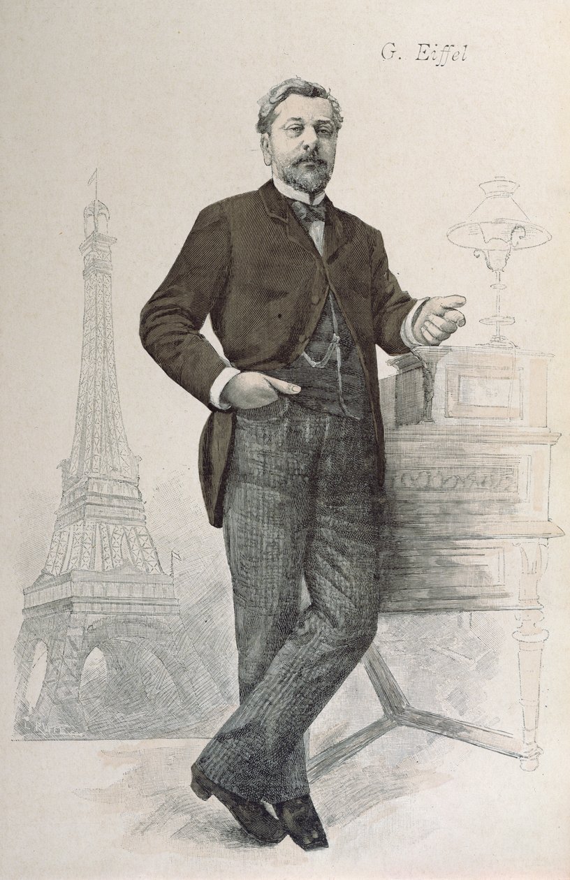 Alexandre Gustave Eiffel poserar vid sitt skrivbord med en teckning av Tour Eiffel, illustration från La Revue Illustree, 1888 av French School