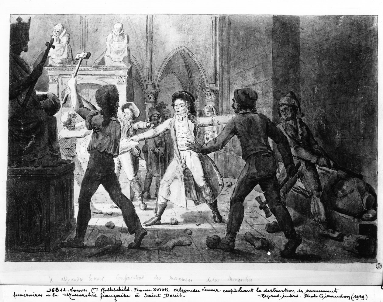 Alexandre Lenoir (1761-1839) motsätter sig förstörelsen av den franska monarkins kungliga gravar i Saint-Denis-kyrkan, 1793 (penna och bläck och tvätt på papper) av French School