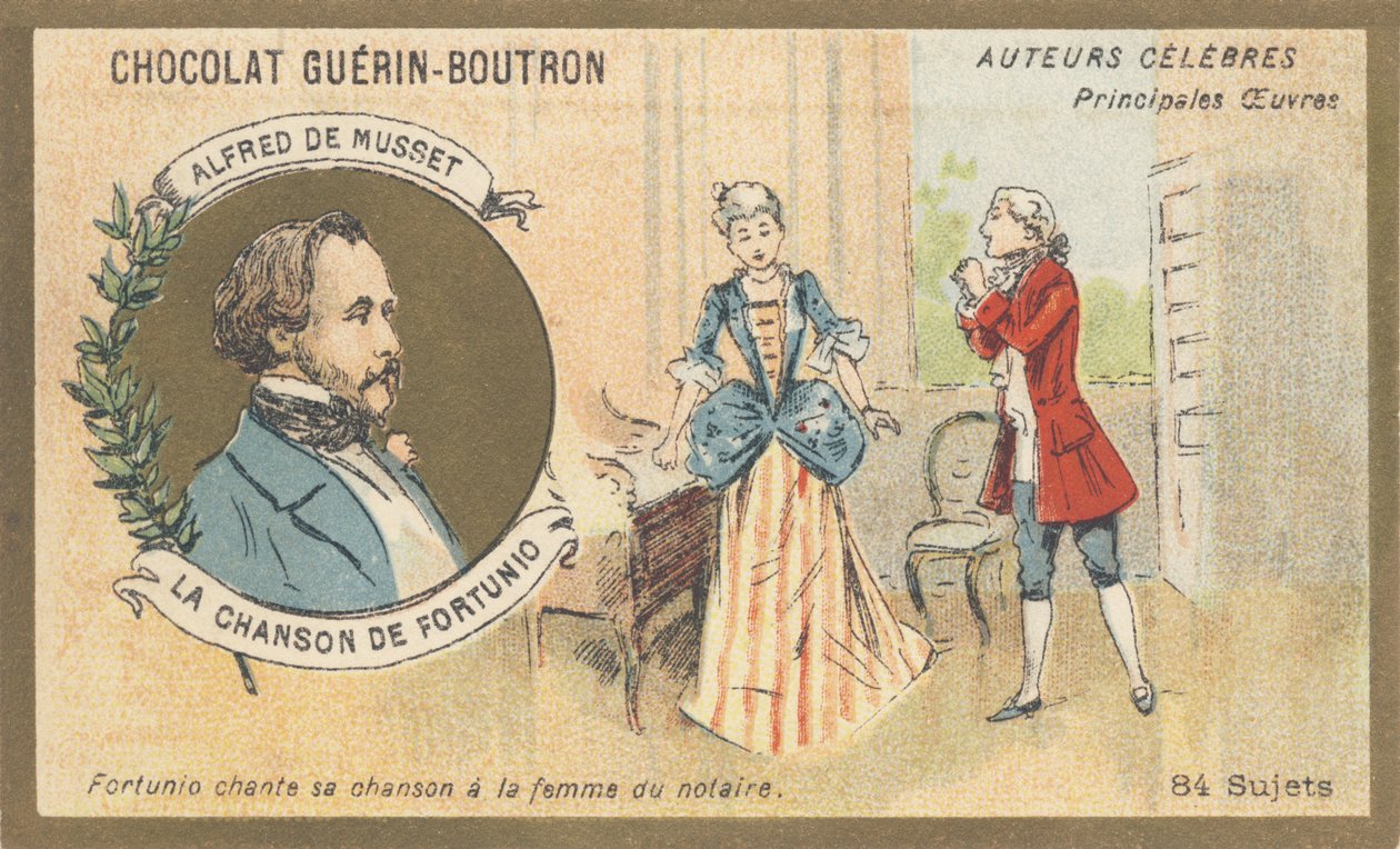 Alfred de Musset (1810-1857), fransk författare från den romantiska perioden, författare till "Chanson de Fortunio", poesi (1852) av French School