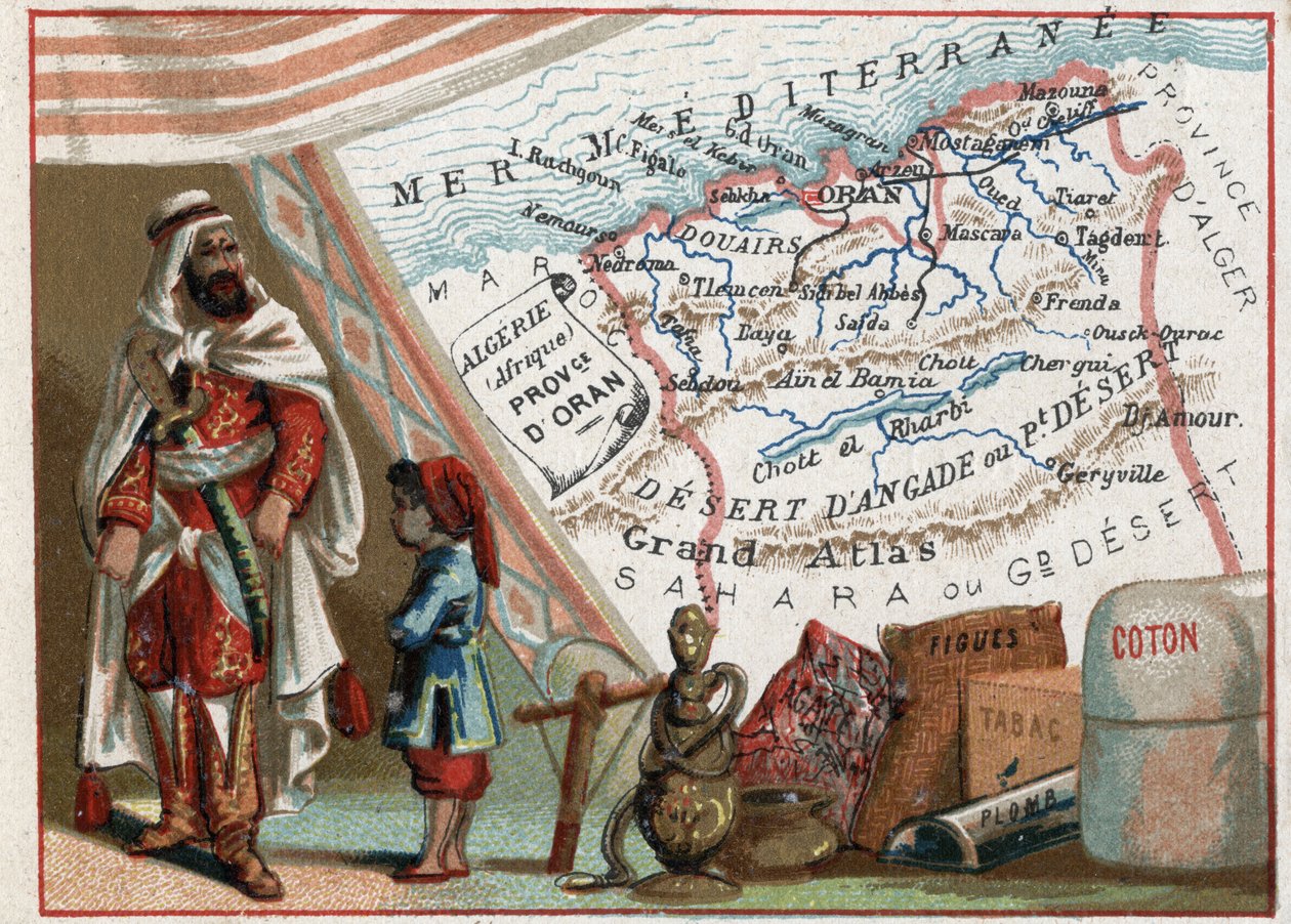 Algeriet i Afrika och provinsen Oran, Frankrike. Serie om de franska departementen. Import av fikon, bomull, tobak, agat och bly. Kromolitografi (Chromo) "" den geografiska tråden"", ca 1920. Privat samling. av French School