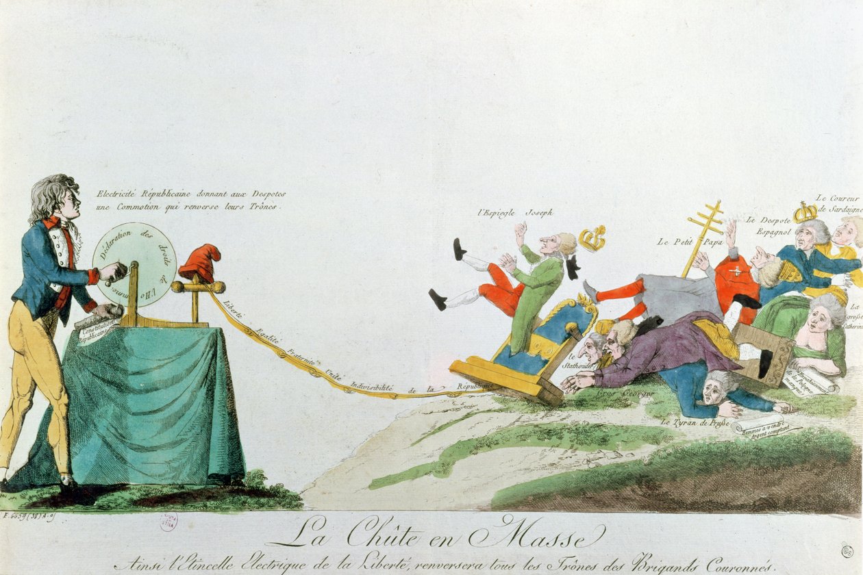 Alla faller ner, elektriciteten som genererades av deklarationen om mänskliga rättigheter under den franska revolutionen störtar Europas troner och monarker, ca 1793 av French School