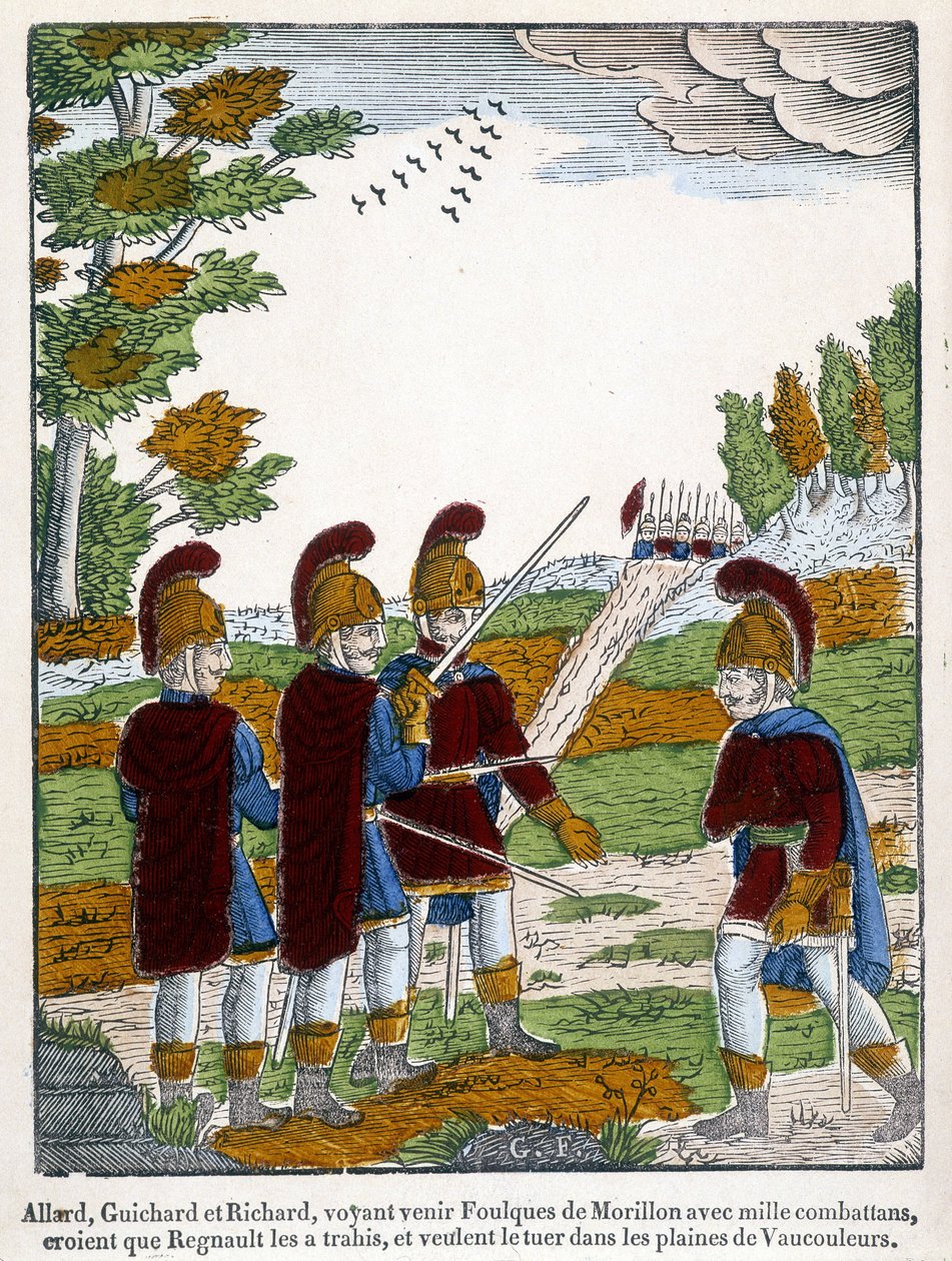 Allard, Guichard och Richard, som ser Coots of Morillon komma med tusen kämpar tror att Regnaut förrådde dem, och vill döda honom på slätterna i Vaucouleurs. Bild av Epinal från 1825 som visar en scen av den episka dikten från slutet av 1 av French School